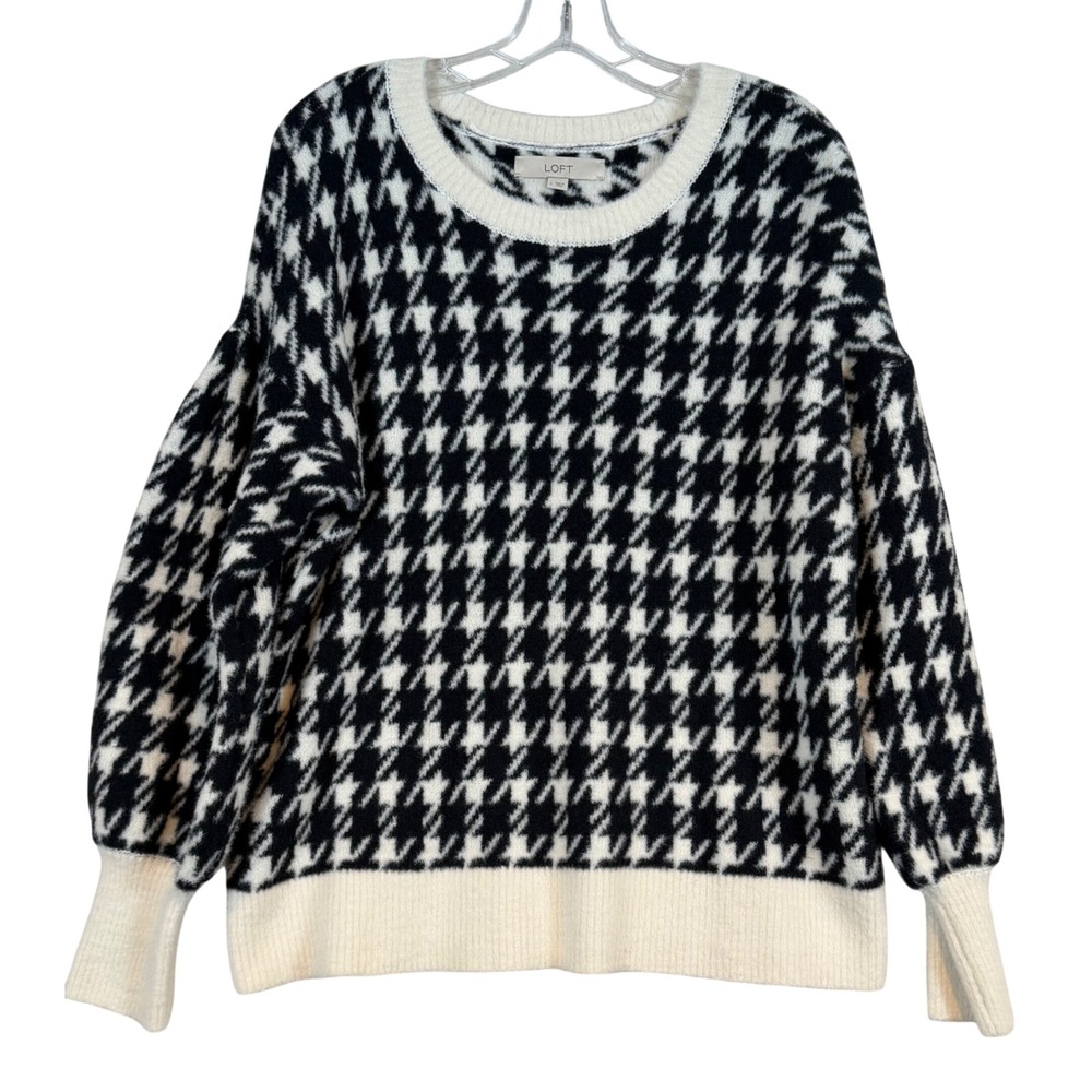 LOFT Womens Houndstooth‎ Puff Sleeve Knit Pullover Sweater Black White •L• Retro